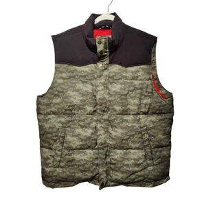 Brooks Brothers Mens Sz XL Green Brown Horse Camo Duck Down Puffer Vest Zip Snap